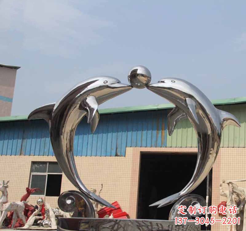 淮安海豚之恋——不锈钢公园镜面海豚顶球雕塑