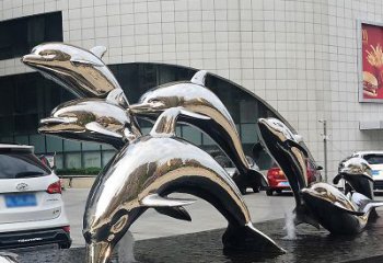 淮安海豚雕塑点亮城市商场的不锈钢镜面水景