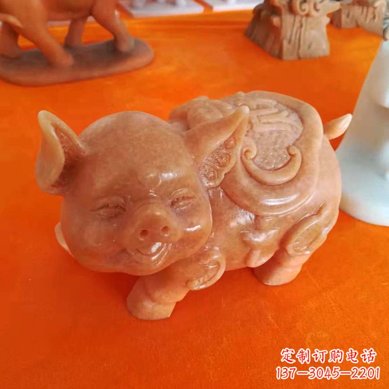 淮安晚霞红大理石招财猪雕塑-企业商场创意生肖动物风水摆件