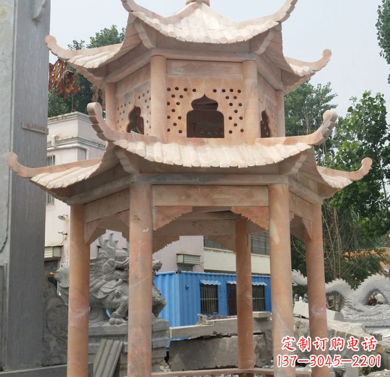 淮安晚霞红双层六角凉亭石雕 (2)
