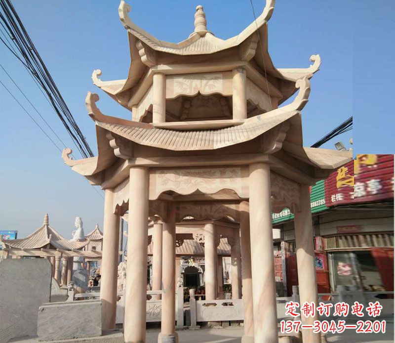 淮安晚霞红双层六角凉亭石雕 (3)