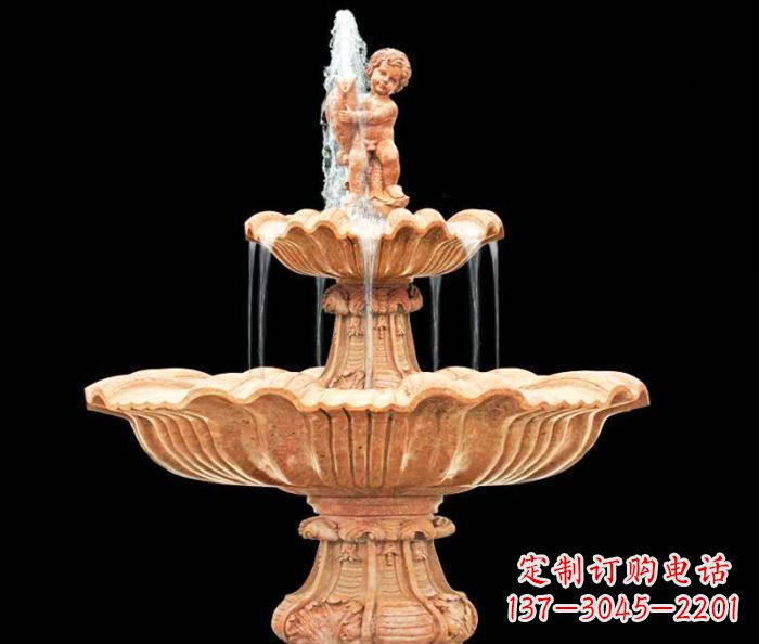 淮安晚霞红小孩抱鱼石雕喷泉
