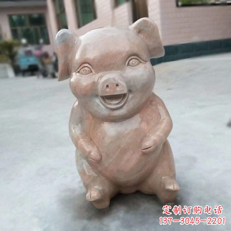 淮安喜庆的石雕猪-晚霞红大理石生肖动物雕塑