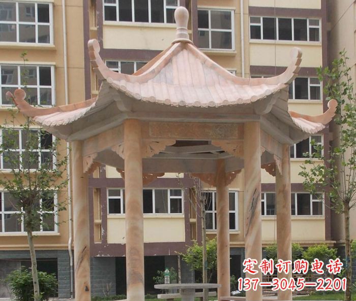 淮安小区晚霞红六角凉亭石雕