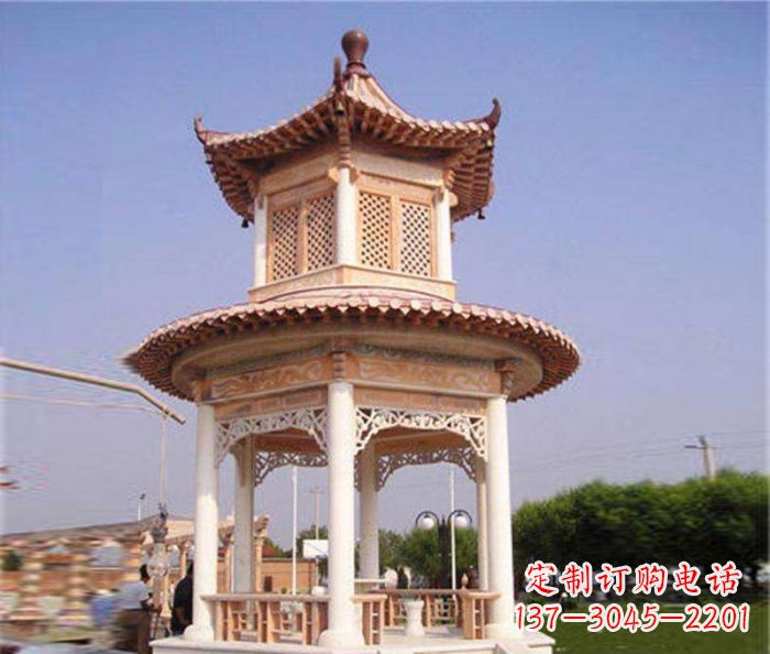 淮安园林景观晚霞红双层石雕凉亭 (4)