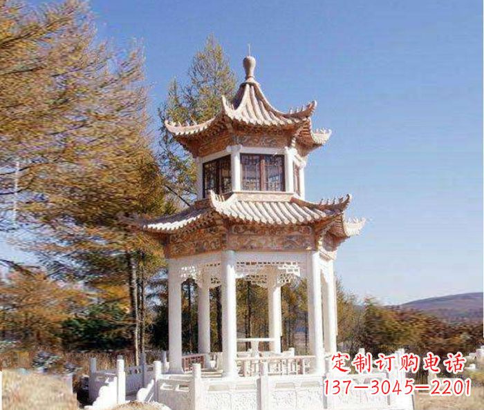 淮安园林景观晚霞红双层石雕凉亭 (3)