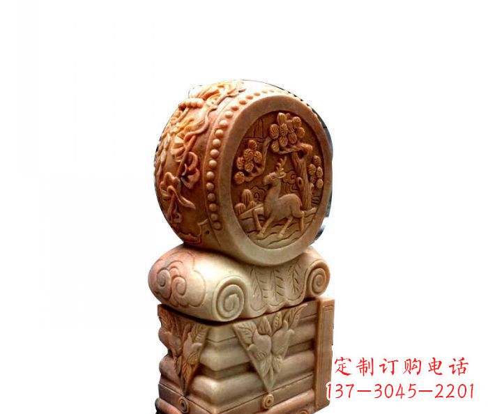 淮安招财石门墩晚霞红抱鼓石