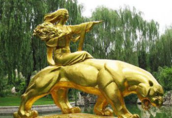 淮安园林骑老虎的美女人物鎏金景观铜雕